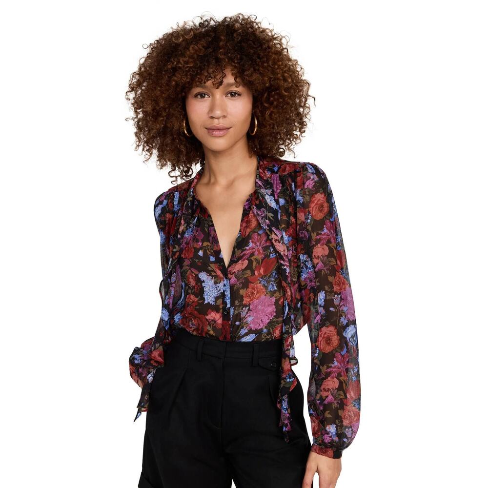 NWOT Paige Elynne Silk Floral Tie Neck Blouse Button Front Long Sleeve Size XS